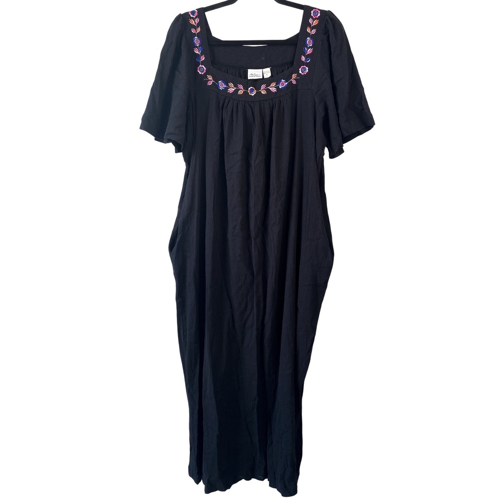 Vermont Country Store Womens Maxi Dress M Black Embroidered Cotton Gauze Boho